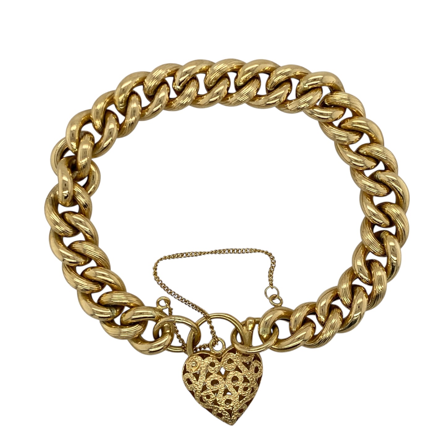 18ct Gold Heart Padlock 7" Curb Charm Bracelet