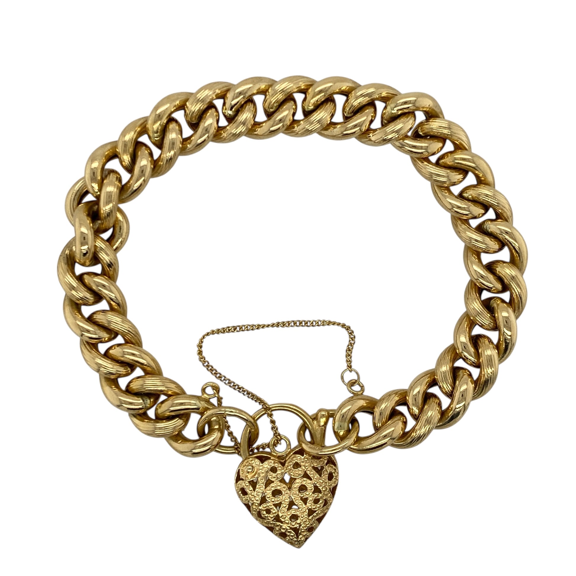 18ct Gold Heart Padlock 7" Curb Charm Bracelet