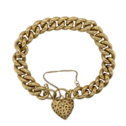 18ct Gold Heart Padlock 7" Curb Charm Bracelet