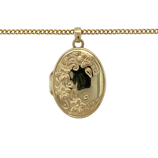 Keep cherished memories close with this pre-owned 9ct yellow gold flower patterned oval locket necklace, combining sentimental value with timeless elegance. A beautiful piece perfect for everyday wear or meaningful gifting.

Design: The pendant is crafted in a classic oval shape and features an engraved floral pattern across the front, adding delicate texture and vintage-inspired charm. Measuring approximately 2.7cm in length including the bail, it offers a noticeable yet refined presence on the neckline.