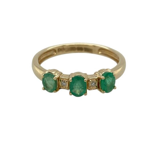 9ct Gold Diamond & Emerald Set Trilogy Band Ring