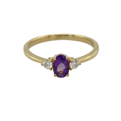 9ct Gold Diamond & Amethyst Set Trilogy Ring