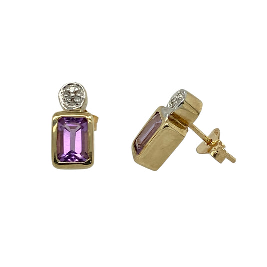 9ct Gold Diamond & Amethyst Set Stud Earrings