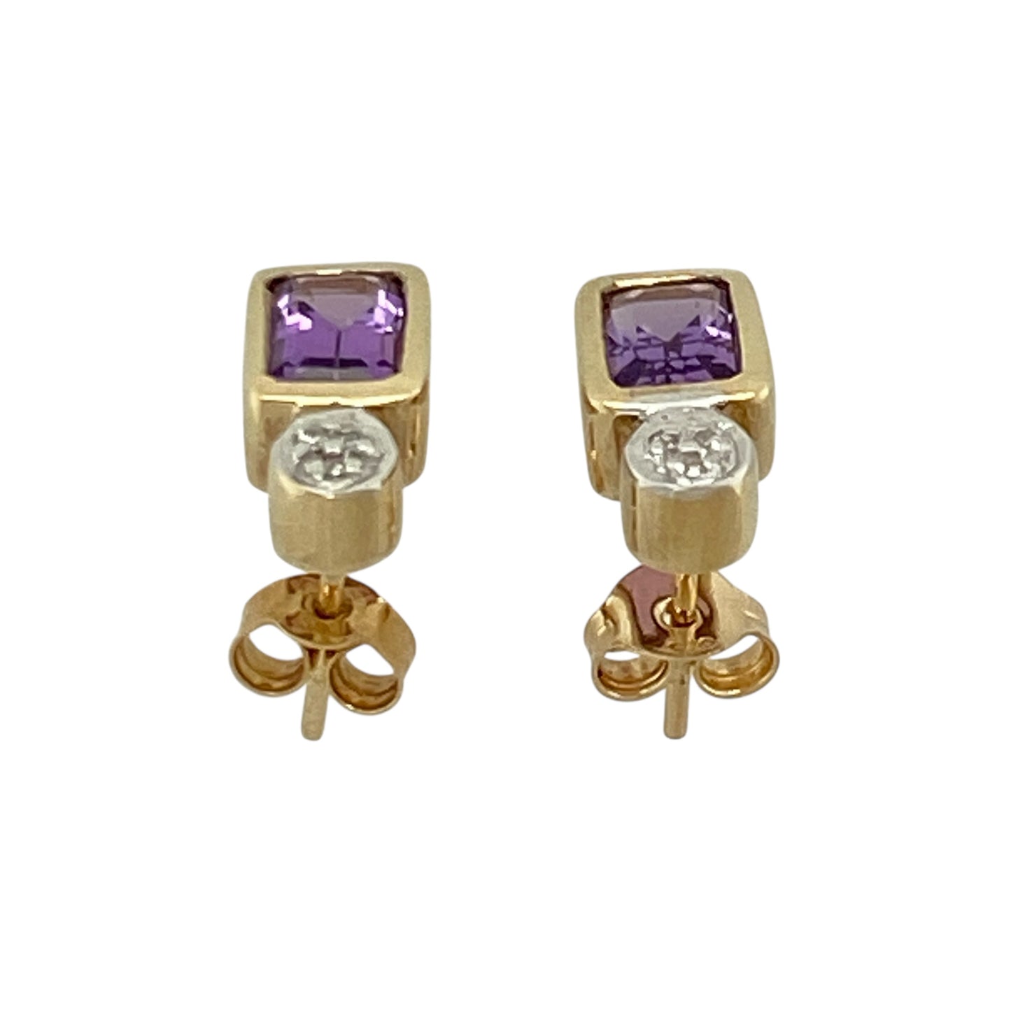 9ct Gold Diamond & Amethyst Set Stud Earrings