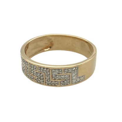 Make a bold statement with this pre-owned 9ct yellow and white gold diamond set Greek Key band ring, combining striking pattern detail with classic sparkle. A distinctive piece perfect for everyday wear or standout styling.

Design: The front of the band measures approximately 6mm wide and features the iconic Greek Key pattern, symbolising eternity and unity.
