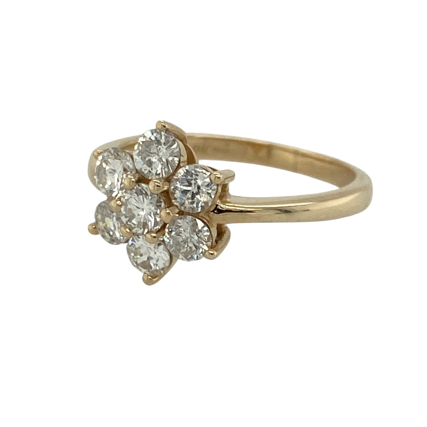 Make a bold statement with this pre-owned 9ct yellow gold diamond set flower cluster ring, combining impressive sparkle with timeless floral styling. A striking piece perfect for special occasions or standout everyday wear.

Design: The ring features a flower-inspired cluster head measuring approximately 11mm high, creating strong finger coverage and eye-catching presence. The cluster is composed of diamonds totalling approximately 1.05ct, arranged to maximise brilliance and light reflection.