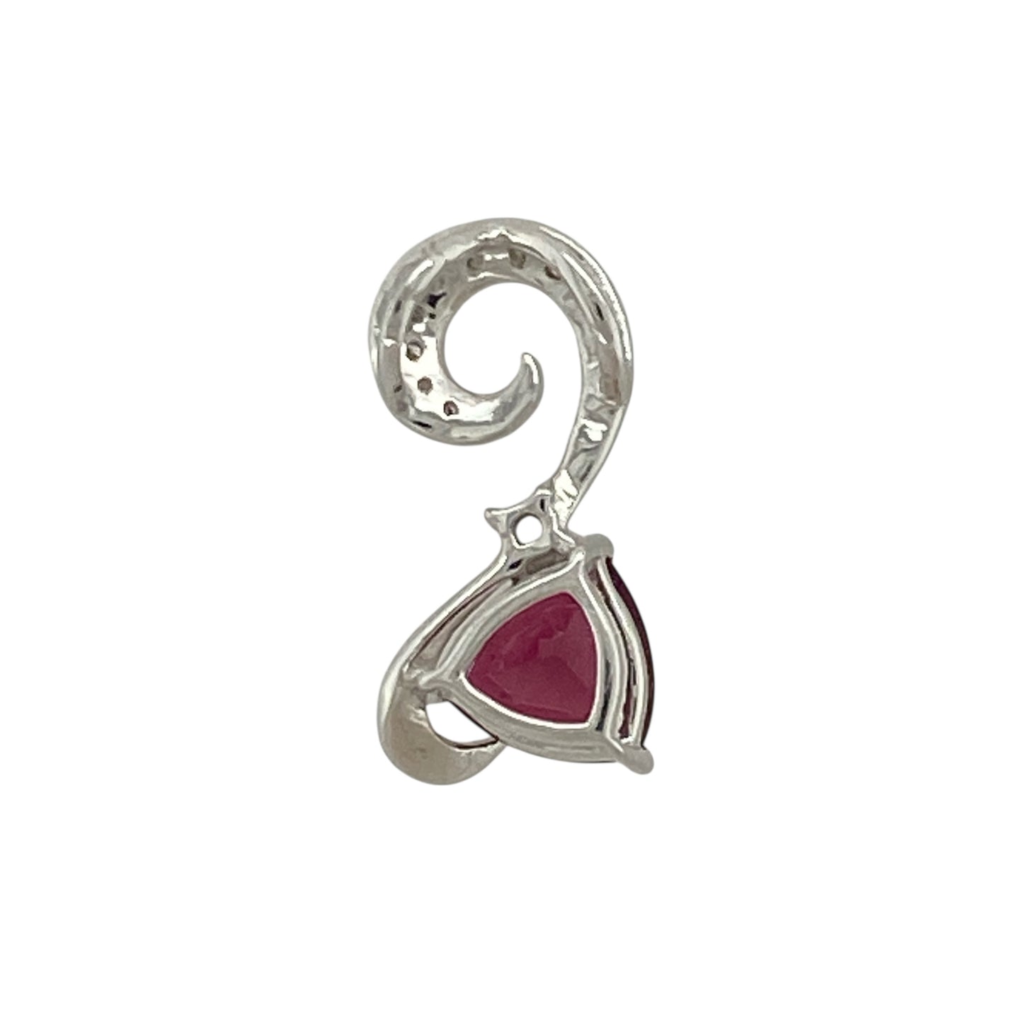 Add vibrant colour and contemporary elegance to your jewellery collection with this pre-owned 9ct white gold diamond and pink stone set pendant, offering striking contrast and refined sparkle. A beautiful piece perfect for everyday wear or special occasions.

Design: The pendant features a triangle-shaped pink ruby-coloured stone measuring approximately 7mm by 7mm by 7mm, creating a bold and modern focal point.