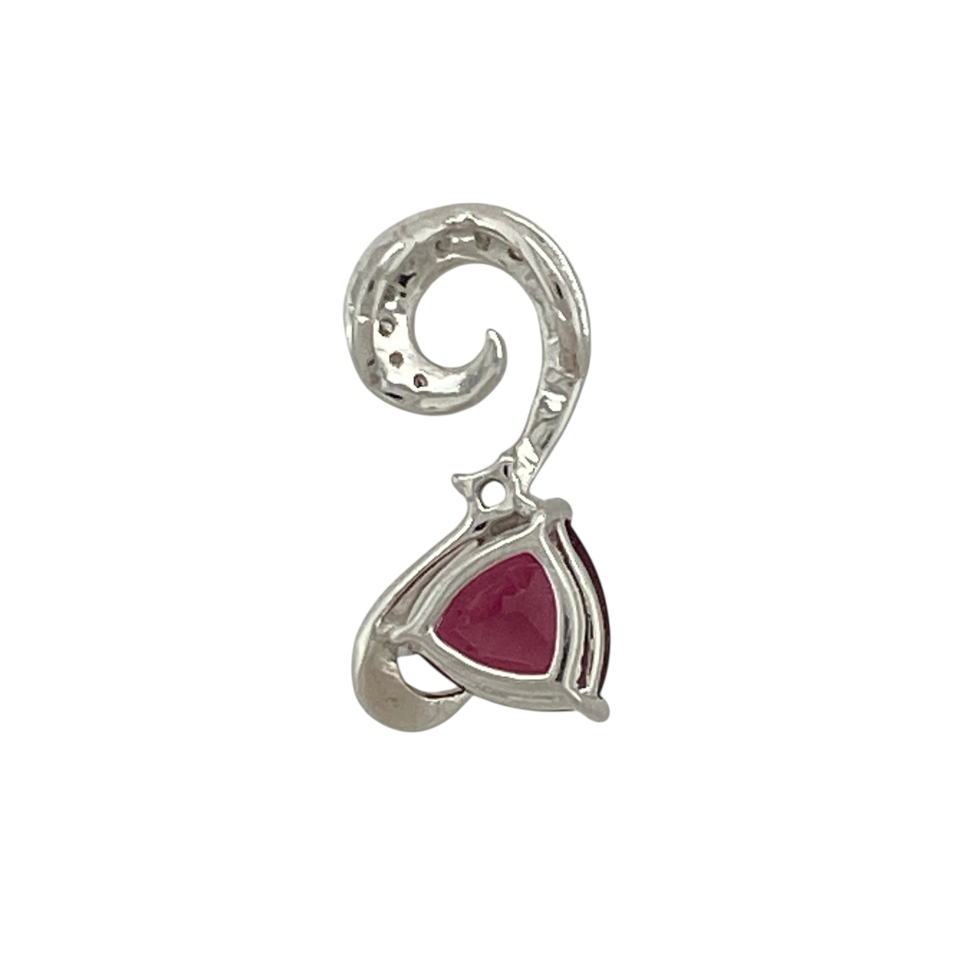 Add vibrant colour and contemporary elegance to your jewellery collection with this pre-owned 9ct white gold diamond and pink stone set pendant, offering striking contrast and refined sparkle. A beautiful piece perfect for everyday wear or special occasions.

Design: The pendant features a triangle-shaped pink ruby-coloured stone measuring approximately 7mm by 7mm by 7mm, creating a bold and modern focal point.