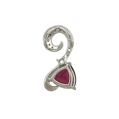 Add vibrant colour and contemporary elegance to your jewellery collection with this pre-owned 9ct white gold diamond and pink stone set pendant, offering striking contrast and refined sparkle. A beautiful piece perfect for everyday wear or special occasions.

Design: The pendant features a triangle-shaped pink ruby-coloured stone measuring approximately 7mm by 7mm by 7mm, creating a bold and modern focal point.