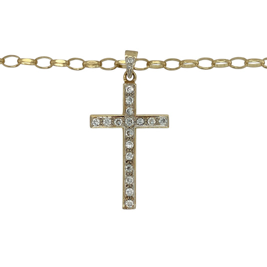 Make a bold statement of faith and style with this pre-owned 9ct yellow and white gold cubic zirconia set cross pendant necklace, combining striking size with eye-catching brilliance. A standout piece perfect for everyday wear or special occasions.

Design: The pendant features a classic cross motif measuring approximately 5cm in length including the bail. Sparkling cubic zirconia stones are set within the design, creating impressive light reflection and enhancing the bold silhouette.