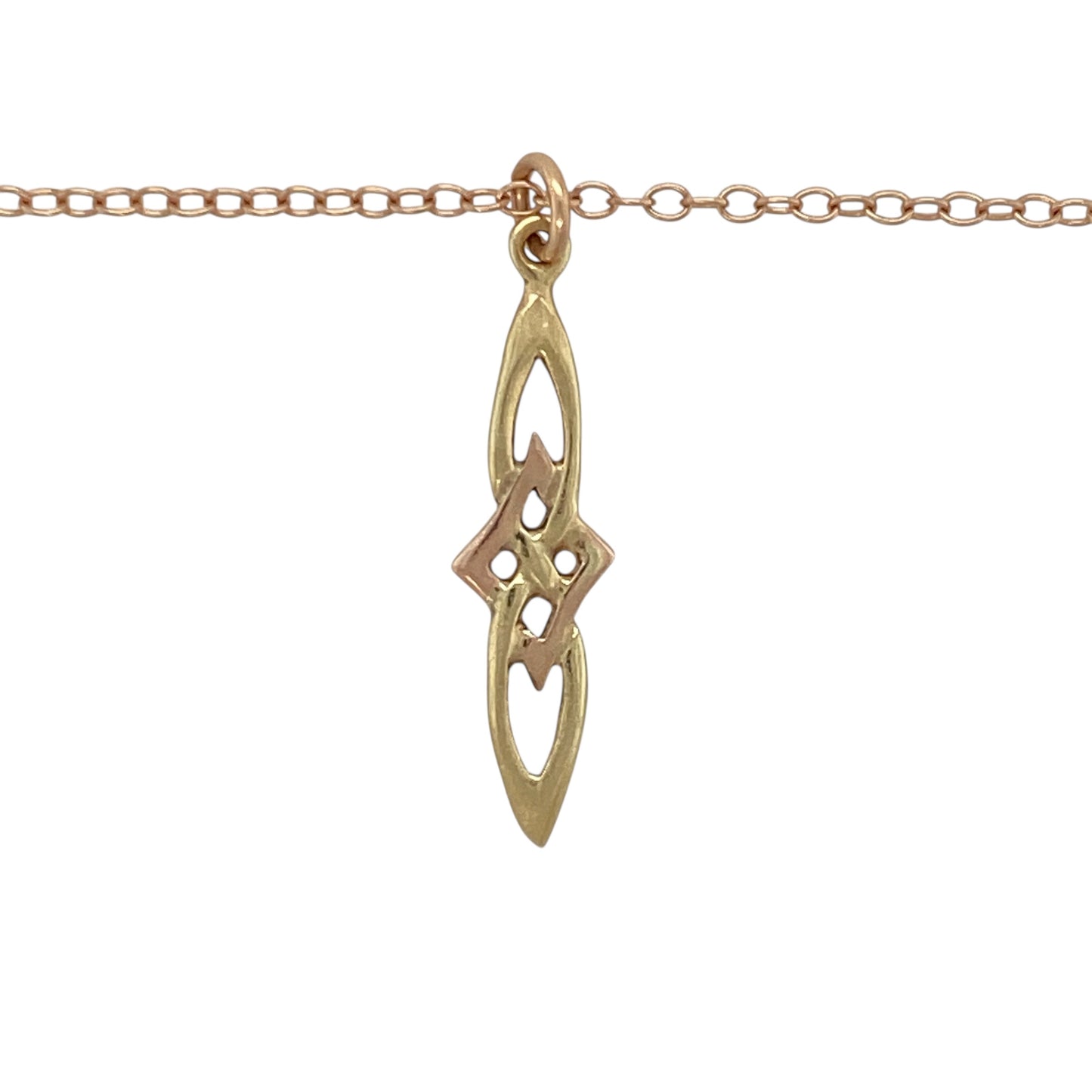 Celebrate Welsh heritage with this pre-owned 9ct yellow and rose Cymru Gold Welsh Knot pendant necklace, combining symbolic design with elegant two-tone styling. A meaningful piece perfect for everyday wear or thoughtful gifting.

Design: The pendant features an intricate Welsh Knot motif, symbolising eternity and unity. Measuring approximately 3.1cm in length including the bail, the flowing knot design creates a graceful and eye-catching focal point on the neckline.