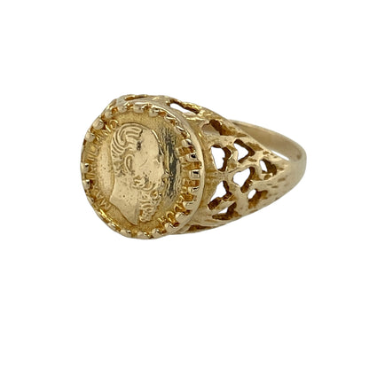 Add vintage-inspired character to your jewellery collection with this pre-owned 9ct yellow gold coin style ring, combining classic detailing with an elegant openwork finish. A distinctive piece perfect for everyday wear or statement styling.

Design: The ring features a coin-style centre measuring approximately 10mm high, creating a bold yet balanced focal point on the finger. The shoulders are finished with an open pattern design, adding decorative detail and lightness to the overall look.