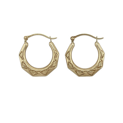 9ct Gold Patterned Hexagon Hoop Creole Earrings