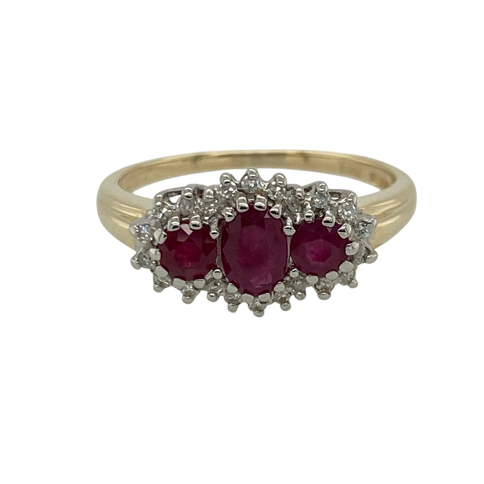 9ct Gold Diamond & Ruby Set Cluster Trilogy Ring