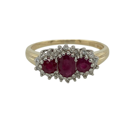 9ct Gold Diamond & Ruby Set Cluster Trilogy Ring