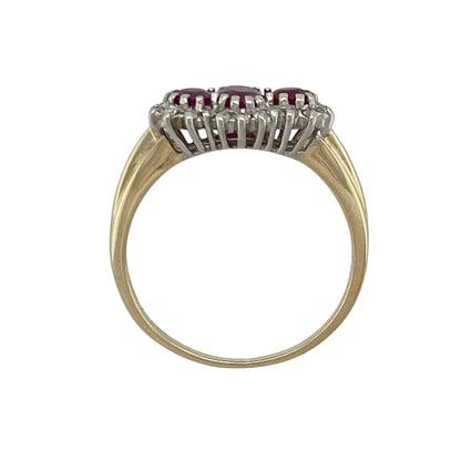 9ct Gold Diamond & Ruby Set Cluster Trilogy Ring