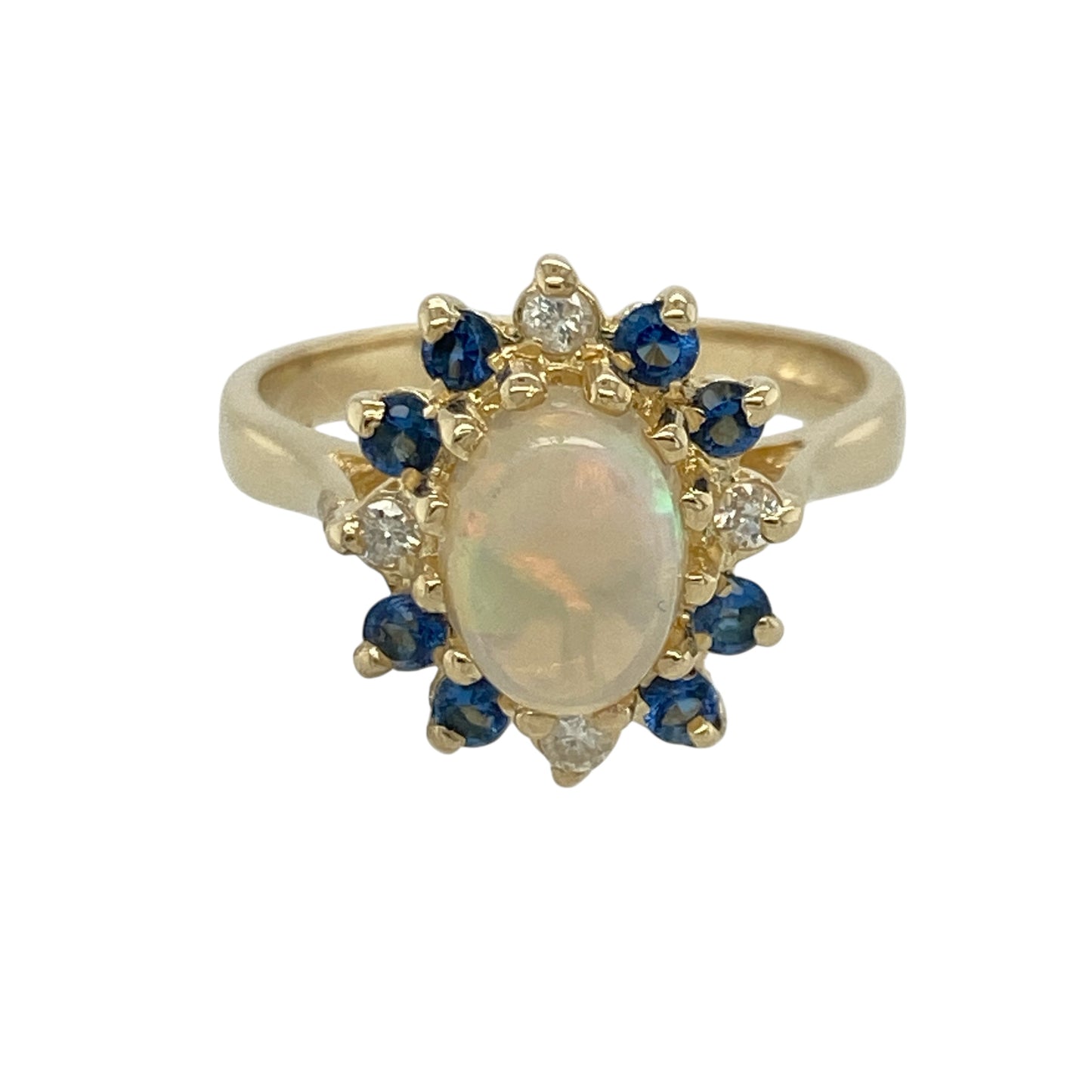 9ct Gold Diamond Opalique & Sapphire Set Cluster Ring