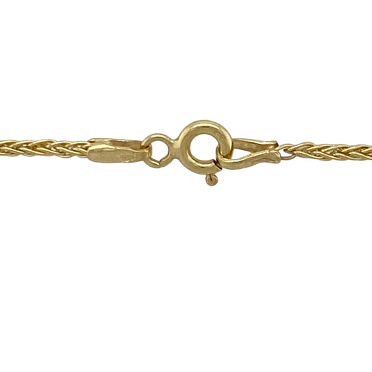 Add subtle texture and classic elegance to your jewellery collection with this pre-owned 9ct yellow gold 18" wheat chain, a versatile and timeless piece ideal for everyday wear or pairing with a favourite pendant.

Design: This chain features finely interwoven wheat links measuring approximately 2mm in width, creating a smooth, flexible and detailed appearance. The intricate pattern gives a refined finish while maintaining a delicate profile.