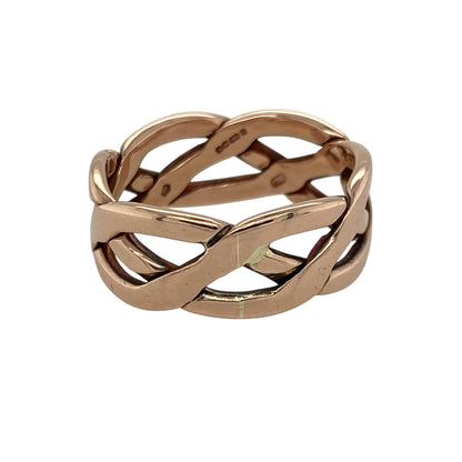 Celebrate iconic Welsh jewellery design with this pre-owned 9ct rose gold Clogau Celtic open weave band ring, a bold and distinctive piece perfect for everyday wear or as a meaningful gift.

Design: This ring features Clogau’s signature Celtic open weave design across a wide 9mm band, creating an intricate and eye-catching pattern. The flowing knotwork symbolises eternity and connection, while the open detailing adds depth and texture to the overall look.