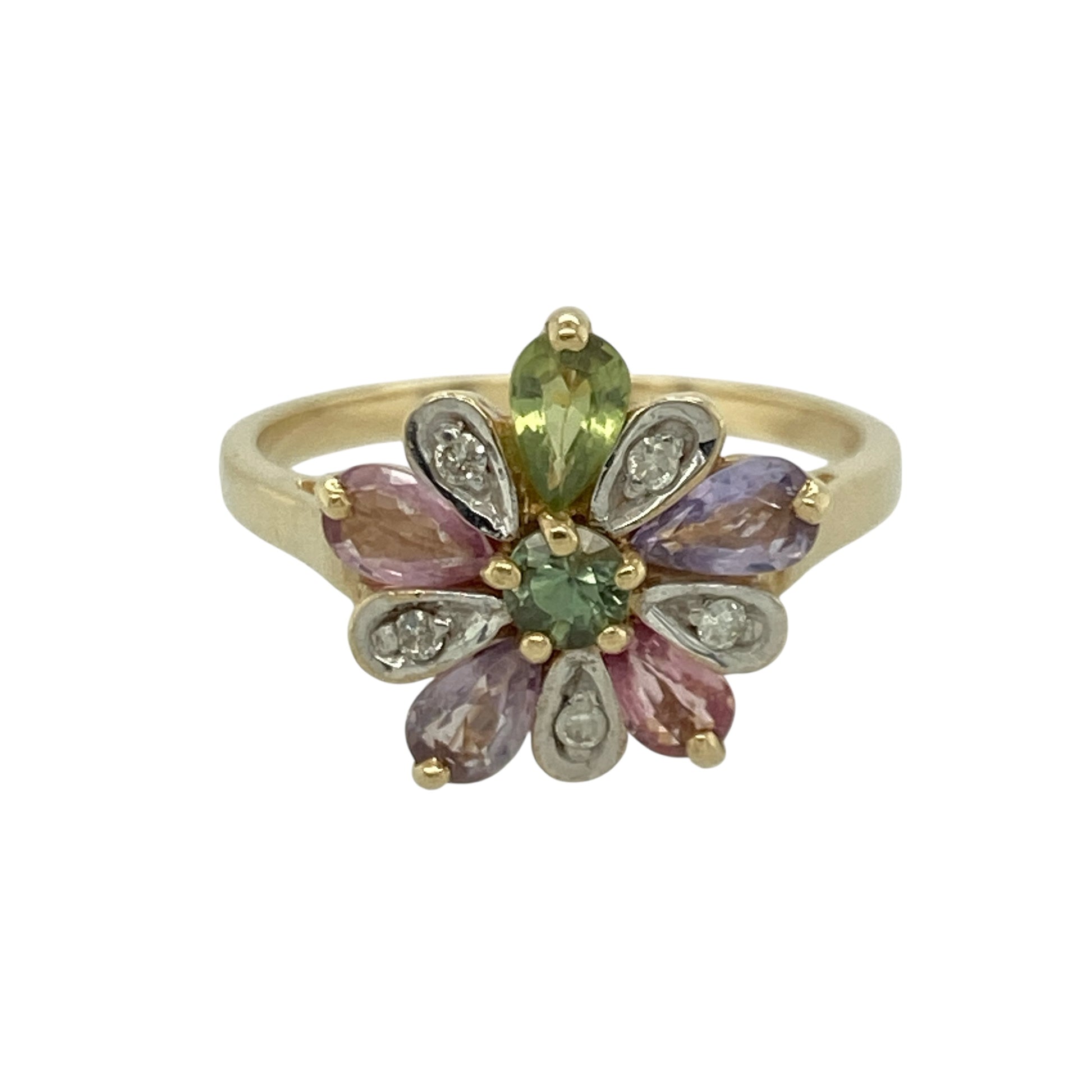 9ct Gold Diamond & Gemstone Set Flower Cluster Ring
