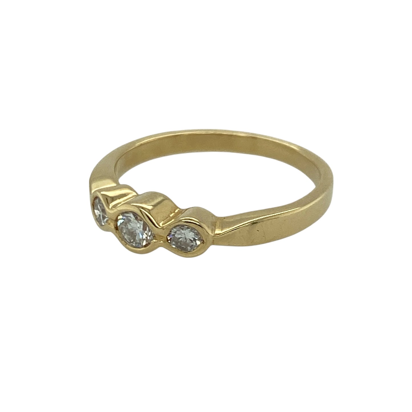 Celebrate timeless elegance with this pre-owned 18ct yellow gold diamond set trilogy ring, a classic and meaningful piece perfect for special occasions or refined everyday wear.

Design: The ring features a traditional trilogy layout with three sparkling diamonds arranged across the centre, symbolising past, present and future. The balanced setting creates a graceful and sophisticated look with beautiful light reflection from each stone.