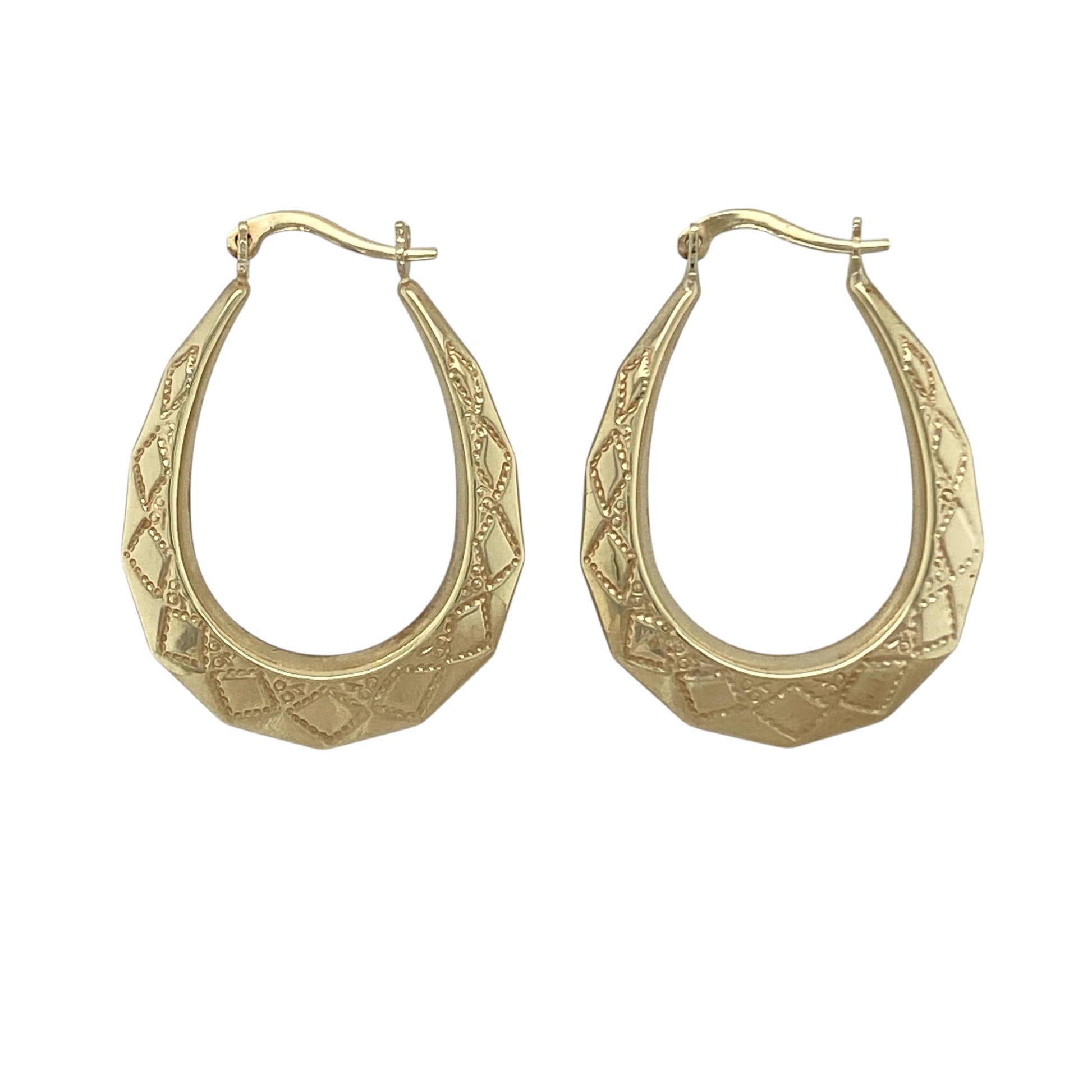 9ct Gold Patterned Oval Creole Earrings