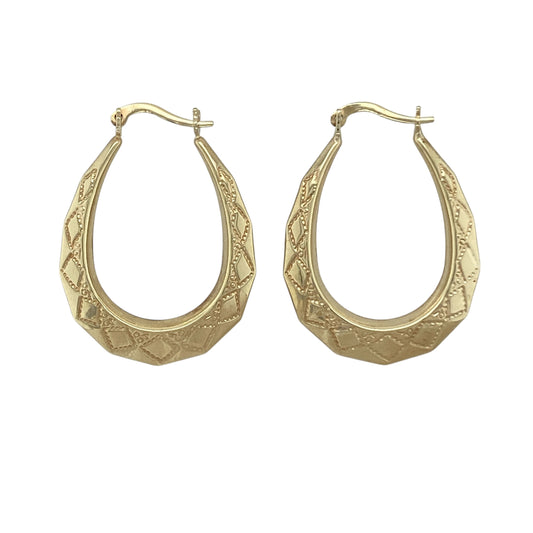 9ct Gold Patterned Oval Creole Earrings