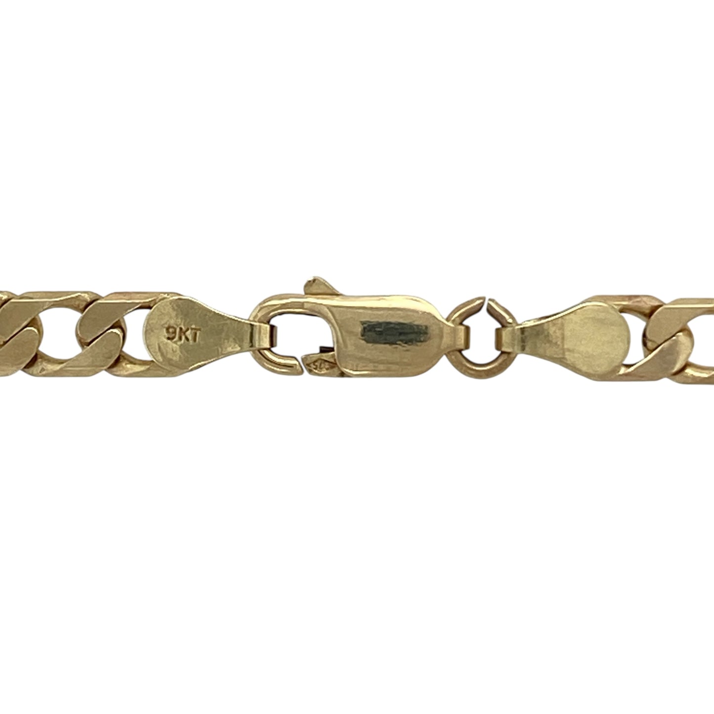 Make a bold statement with this pre-owned 9ct yellow gold 18" curb chain, a substantial and timeless piece ideal for everyday wear or showcasing a favourite pendant.

Design: This chain features classic flat curb links measuring approximately 5mm in width, creating a strong, structured appearance. The interlocking links lie smoothly against the skin, offering a clean and masculine profile with excellent light reflection.