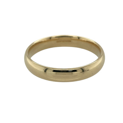 Celebrate timeless style with this pre-owned 9ct yellow gold 4mm wedding band ring, a classic and versatile choice ideal for everyday wear or marking a special occasion.

Design: This ring features a traditional 4mm wide band with a smooth, polished finish, offering a balanced and substantial profile on the finger. The medium width provides noticeable presence while maintaining a clean and understated look.