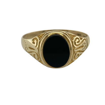 9ct Gold & Onyx Set Patterned Oval Signet Ring