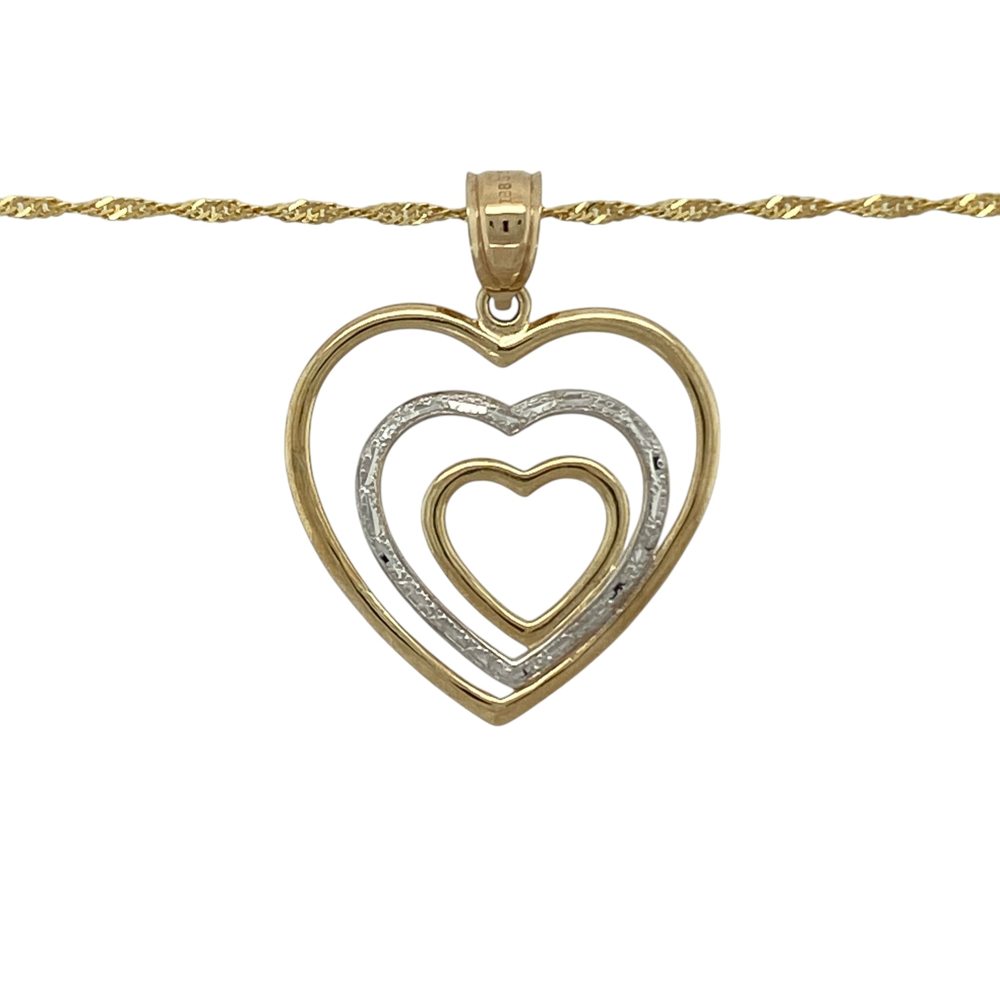 Add romantic elegance to your jewellery collection with this pre-owned 9ct yellow and white gold multi open heart pendant on an 18" Singapore chain necklace, a graceful and meaningful piece perfect for everyday wear or gifting.

Design: The pendant features a flowing multi open heart design, combining warm yellow gold with contrasting white gold for added depth and definition.