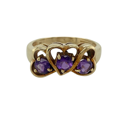 9ct Gold & Amethyst Set Three Heart Ring