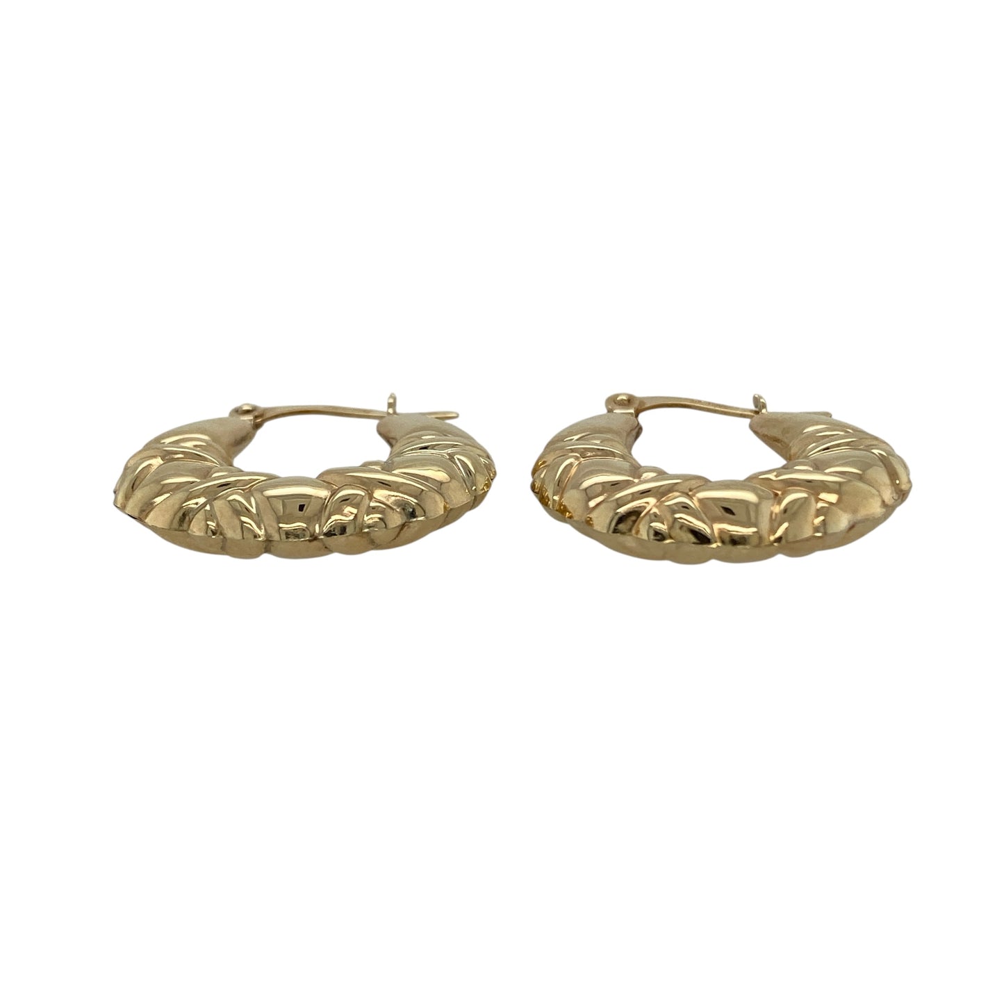 Add contemporary texture to your jewellery collection with these pre-owned 9ct yellow gold X shape patterned creole earrings, a stylish and versatile pair perfect for everyday wear.

Design: These earrings feature a classic creole hoop profile enhanced with an X shape patterned design, creating subtle texture and light reflection. The crossover detailing gives a modern twist to the traditional hoop style while maintaining a timeless look.