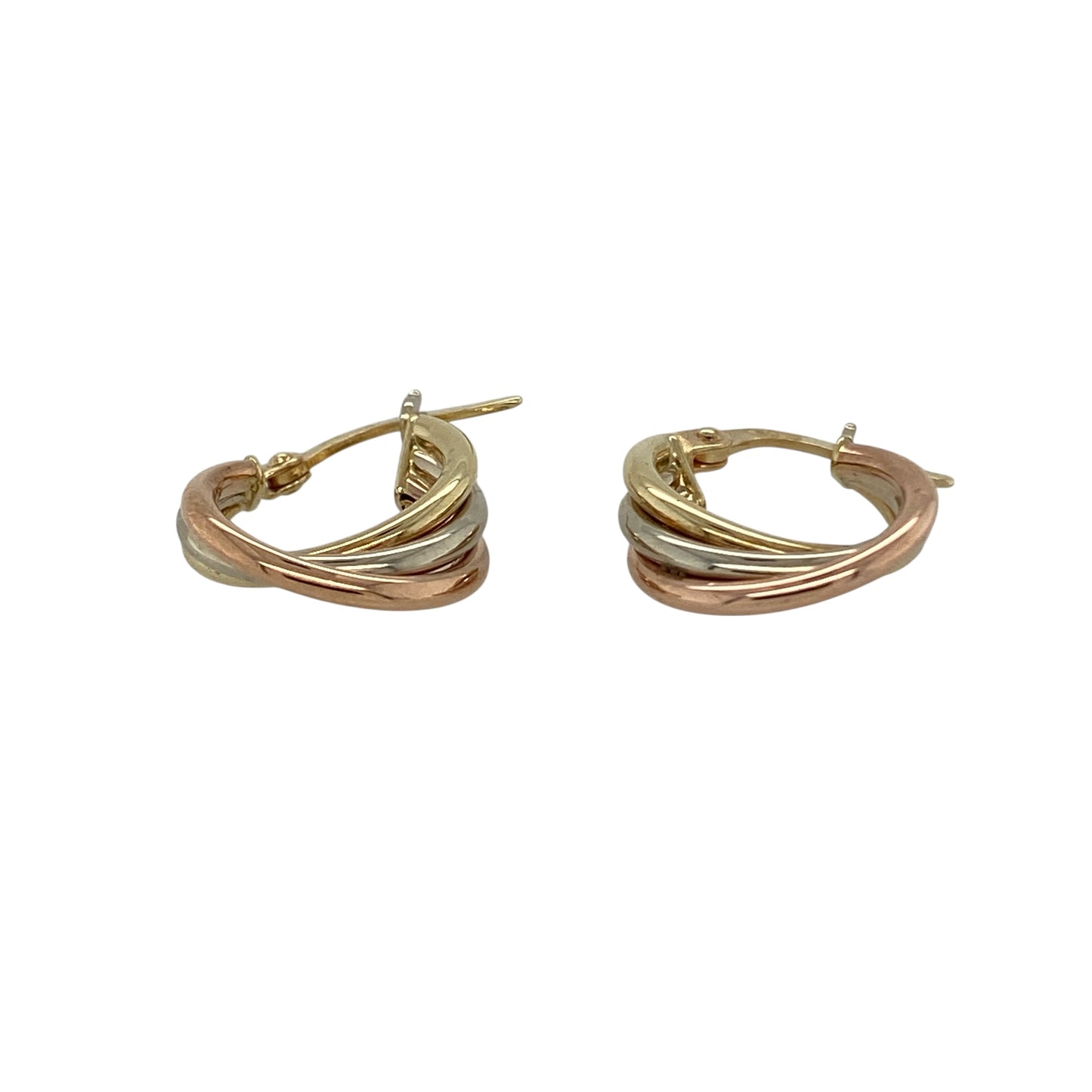 Add beautiful three-tone elegance to your jewellery collection with these pre-owned 9ct yellow, white and rose gold twist hoop creole earrings, a versatile and stylish pair perfect for everyday wear.

Design: These earrings feature a classic hoop creole shape enhanced by a flowing twist design that intertwines yellow, white and rose gold. The triple-colour effect creates depth and contrast, allowing the earrings to catch the light from every angle.