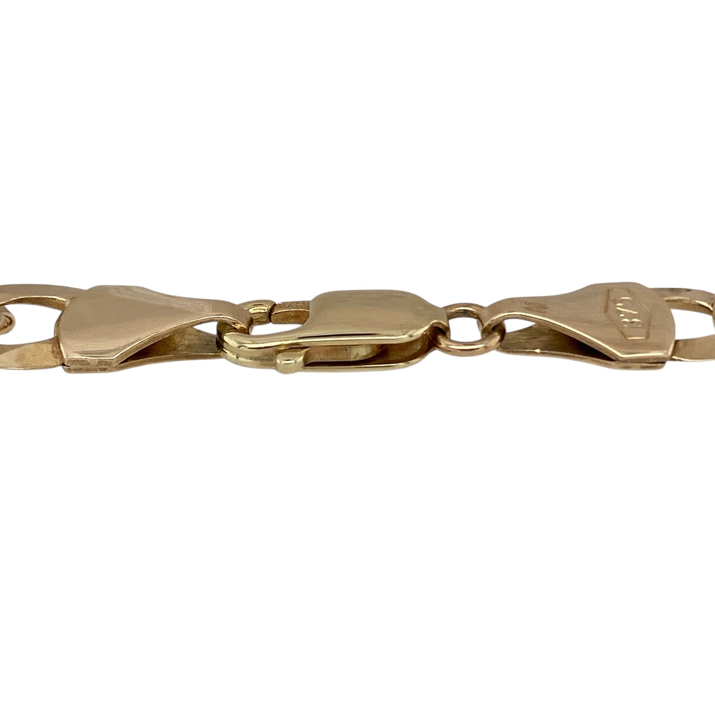 Make a bold addition to your jewellery collection with this pre-owned 9ct yellow gold 8" curb bracelet, a substantial and timeless piece perfect for everyday wear or statement styling.

Design: This bracelet features classic flat curb links measuring approximately 9mm in width, creating a strong and structured profile on the wrist. The interlocking links lie smoothly against the skin, offering a clean and masculine finish with excellent light reflection.