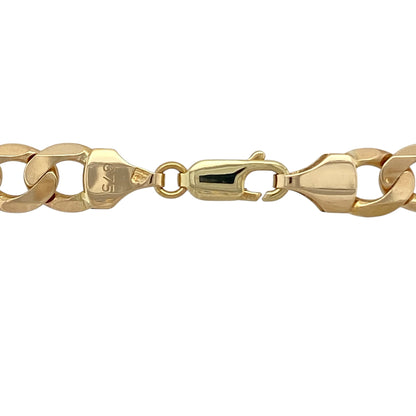 Make a bold statement with this pre-owned 9ct yellow gold 20" curb chain, a substantial and eye-catching piece perfect for those who appreciate strong, classic gold jewellery.

Design: This chain features traditional flat curb links measuring approximately 8mm in width, creating a powerful and structured profile. The closely interlocking links lie smoothly against the skin, offering a clean, masculine finish with excellent light reflection.