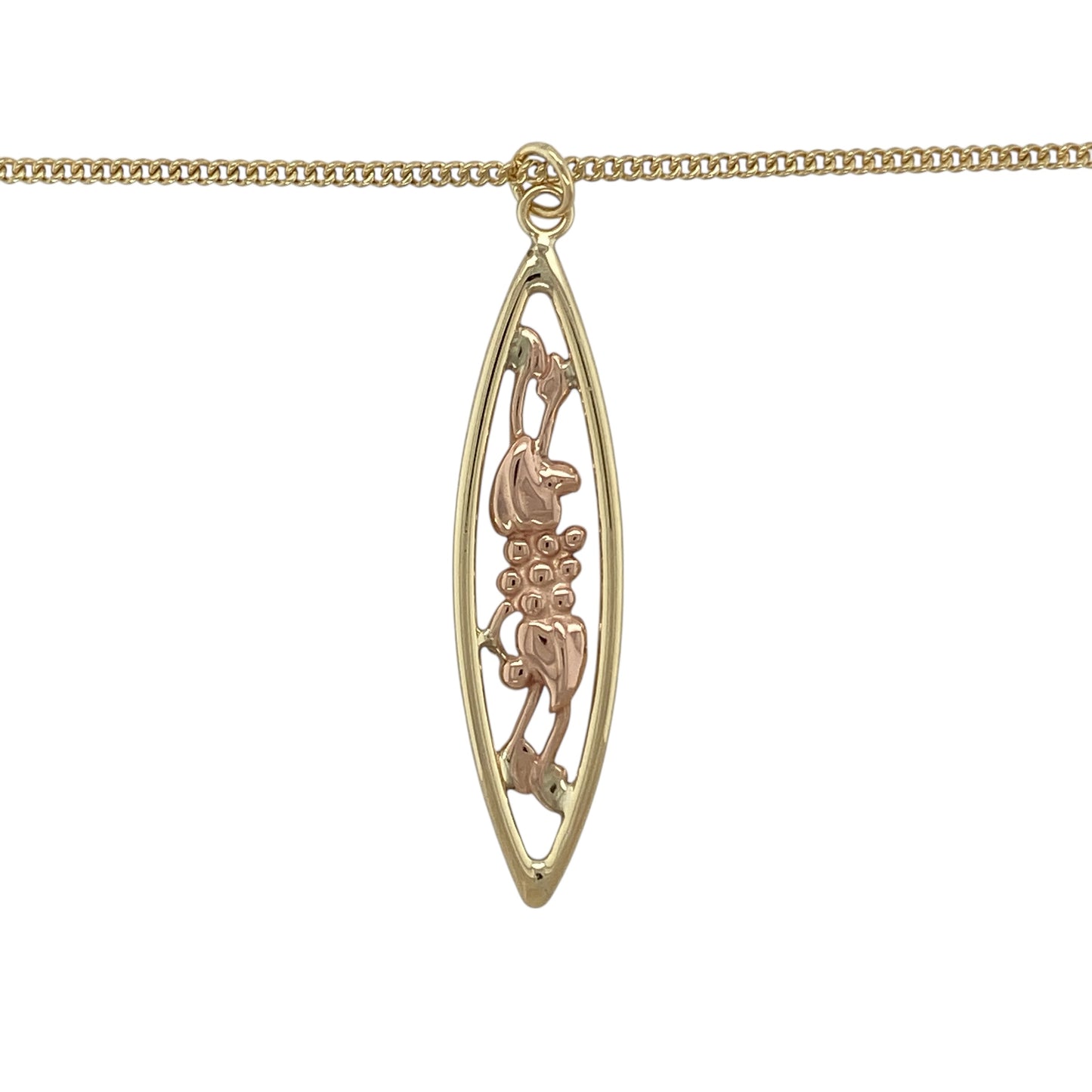 Embrace elegant Welsh symbolism with this pre-owned 9ct yellow and rose gold Clogau Flower Vine of Life long oval pendant on an 18" curb chain necklace, a beautifully detailed statement piece perfect for special occasions or refined everyday wear.

Design: The pendant features an elongated oval silhouette measuring approximately 4.7cm in length including the bail.