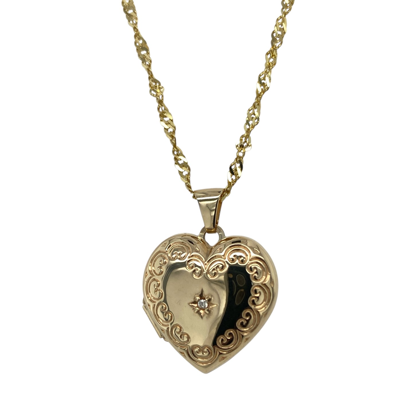 9ct Gold & Diamond Set Patterned Heart Locket 18" Necklace