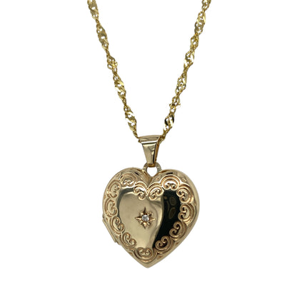 9ct Gold & Diamond Set Patterned Heart Locket 18" Necklace