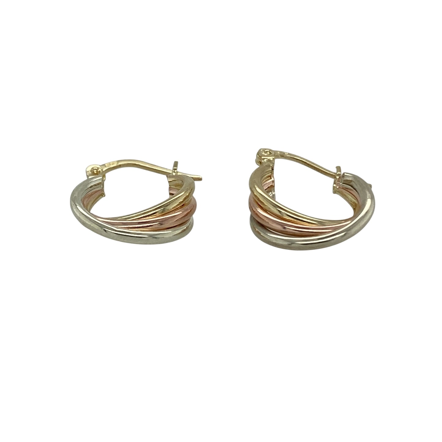 Add a beautiful blend of colour to your jewellery collection with these pre-owned 9ct yellow, rose and white gold twist hoop creole earrings—an elegant tri-colour design perfect for everyday wear.

Design: The classic hoop creole shape is enhanced with an intertwined twist effect, combining three complementary gold tones for added dimension and visual interest. The flowing twist design catches the light from every angle, creating subtle sparkle and movement.