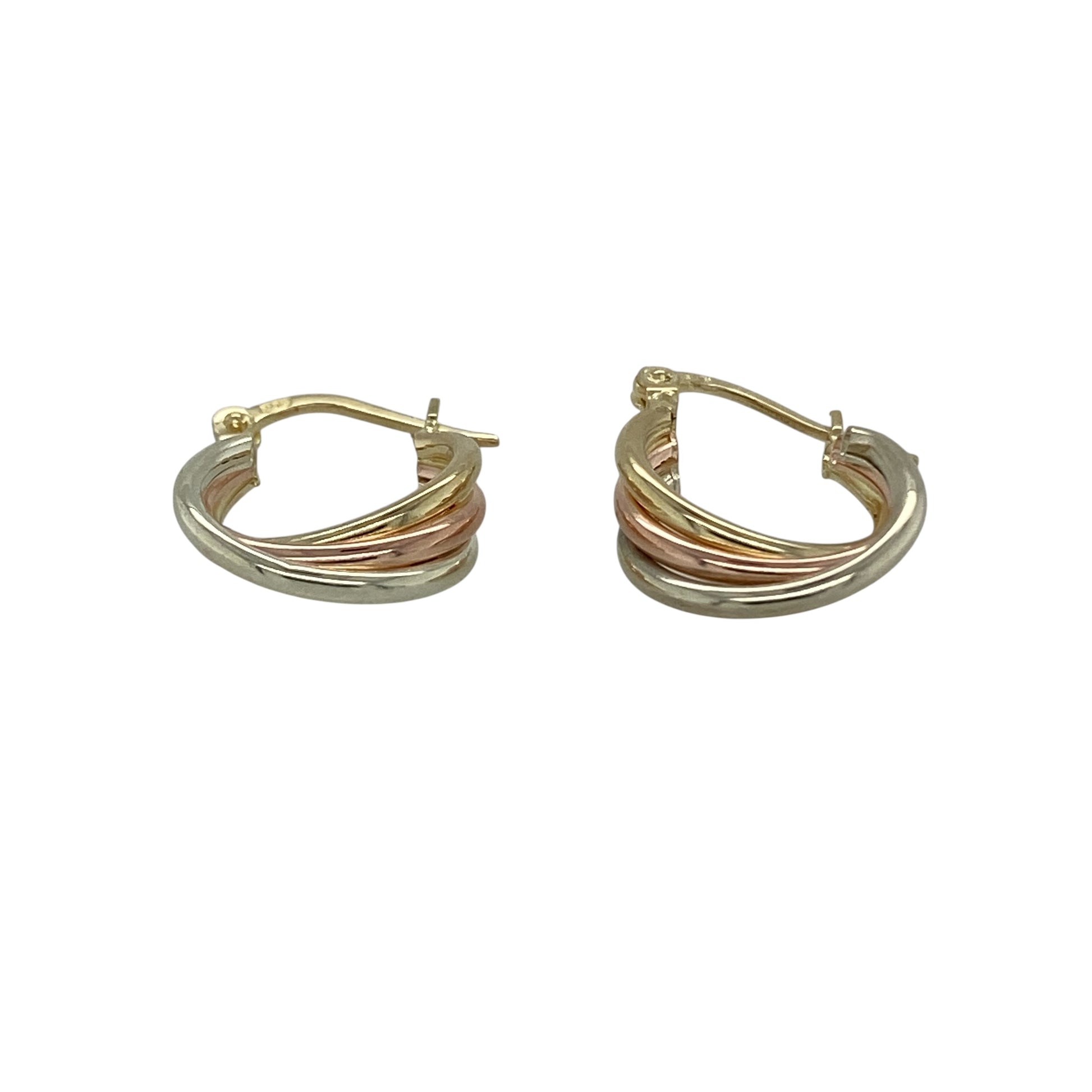 Add a beautiful blend of colour to your jewellery collection with these pre-owned 9ct yellow, rose and white gold twist hoop creole earrings—an elegant tri-colour design perfect for everyday wear.

Design: The classic hoop creole shape is enhanced with an intertwined twist effect, combining three complementary gold tones for added dimension and visual interest. The flowing twist design catches the light from every angle, creating subtle sparkle and movement.