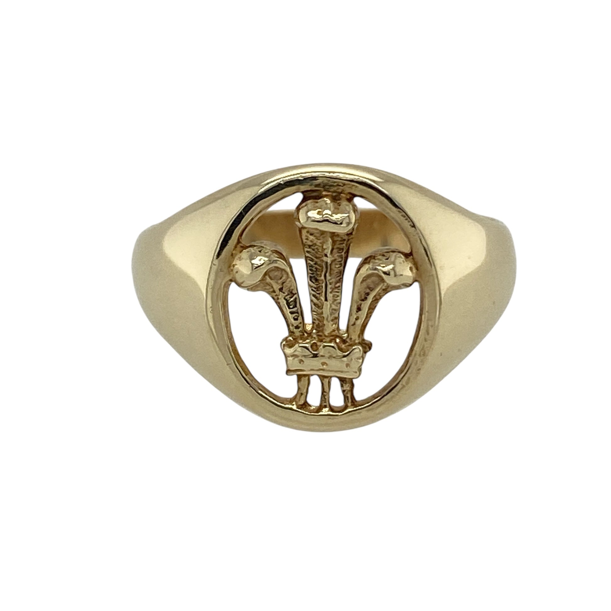 9ct Gold Welsh Three Feathers Open Oval Signet Ring