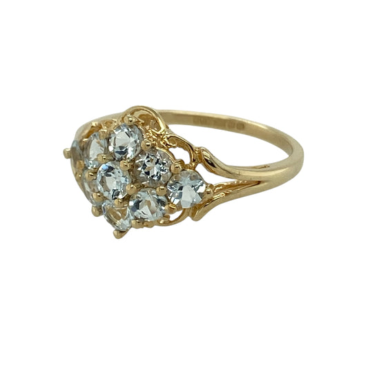Add a refreshing pop of colour to your jewellery collection with this pre-owned 9ct yellow gold aqua coloured stone cluster ring—an eye-catching design perfect for everyday wear or special occasions.

Design: The front of the ring measures approximately 11mm high and features a cluster of aqua coloured stones, each around 3mm in diameter. The clustered arrangement creates a beautifully balanced focal point with vibrant sparkle and a soft, floral-inspired silhouette.