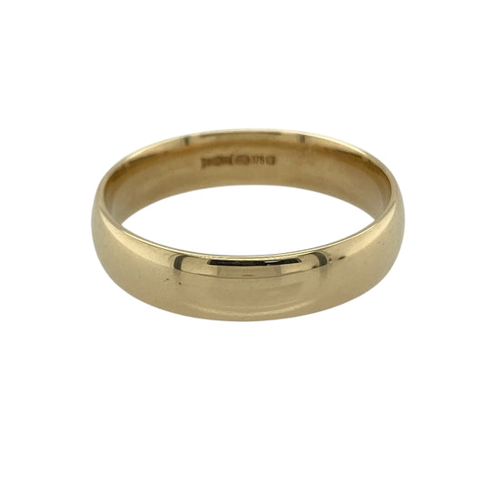 Celebrate your commitment in timeless style with this pre-owned 9ct yellow gold 5mm wedding band ring—an elegant and enduring choice for everyday wear.

Design: The band measures approximately 5mm wide, offering a broader profile that creates a strong and classic presence on the finger. Its smooth, plain finish delivers a clean and traditional look suited to both modern and classic tastes.