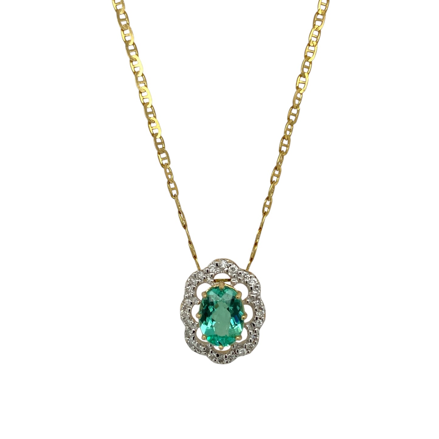 18ct Gold Diamond & Emerald Set Cluster 18" Necklace