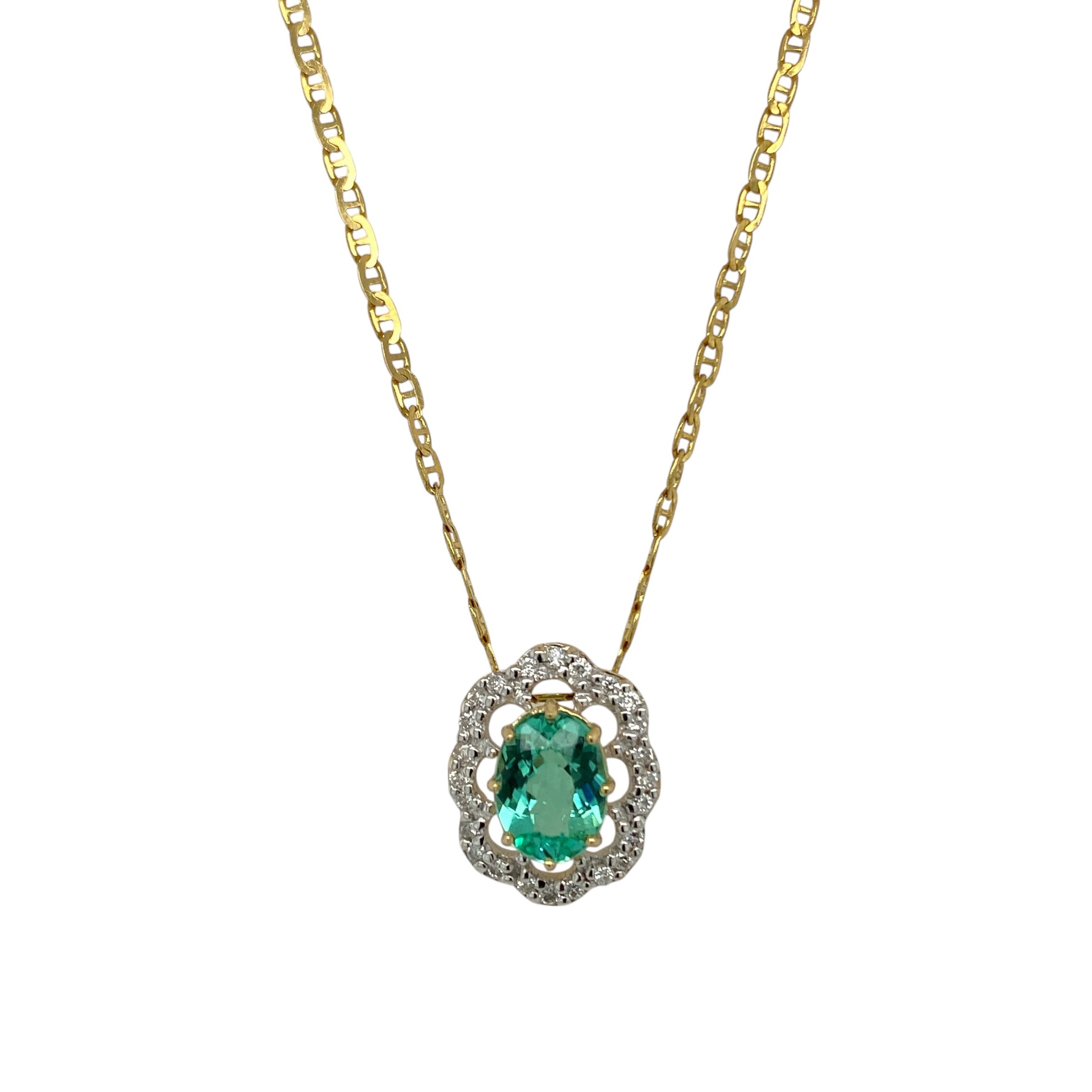 18ct Gold Diamond & Emerald Set Cluster 18" Necklace