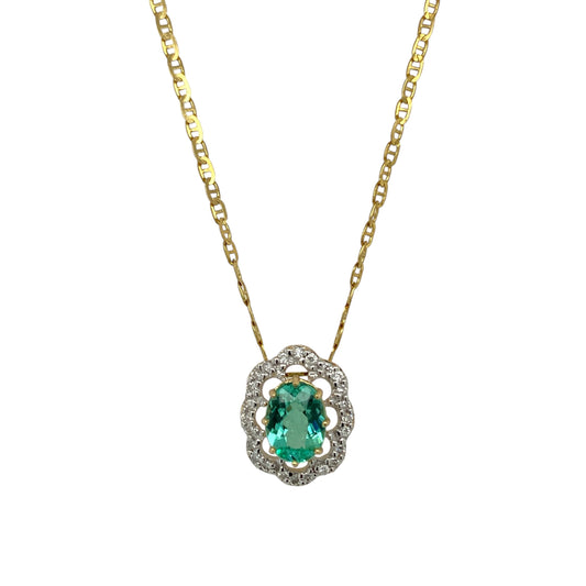 18ct Gold Diamond & Emerald Set Cluster 18" Necklace