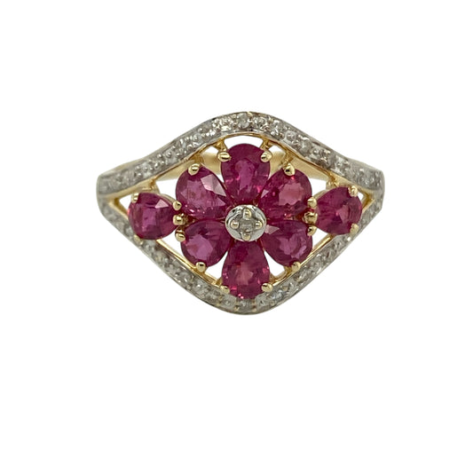 9ct Gold Diamond & Ruby Set Flower Ring