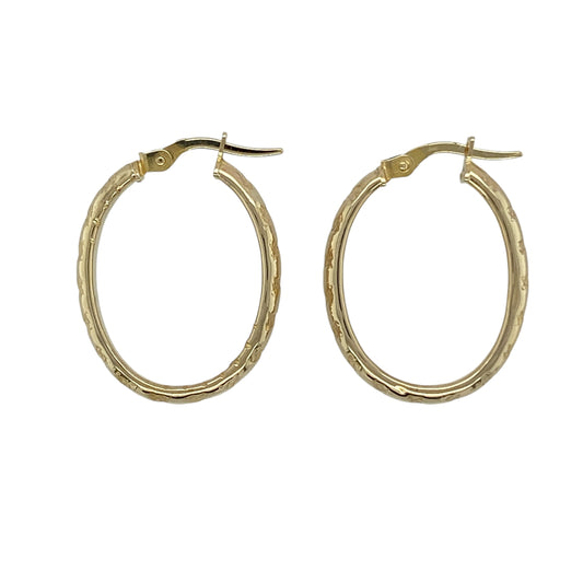 9ct Gold Heart Patterned Oval Creole Earrings