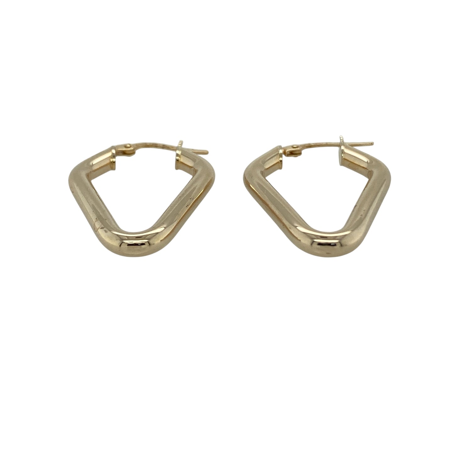 Add subtle geometric elegance to your jewellery collection with these pre-owned 9ct yellow gold rounded diamond shape creole earrings—an eye-catching alternative to classic hoops.

Design: The earrings feature a rounded diamond-shaped silhouette, offering a softly structured look that combines clean lines with gentle curves. The distinctive shape adds modern flair while remaining timeless and easy to wear.